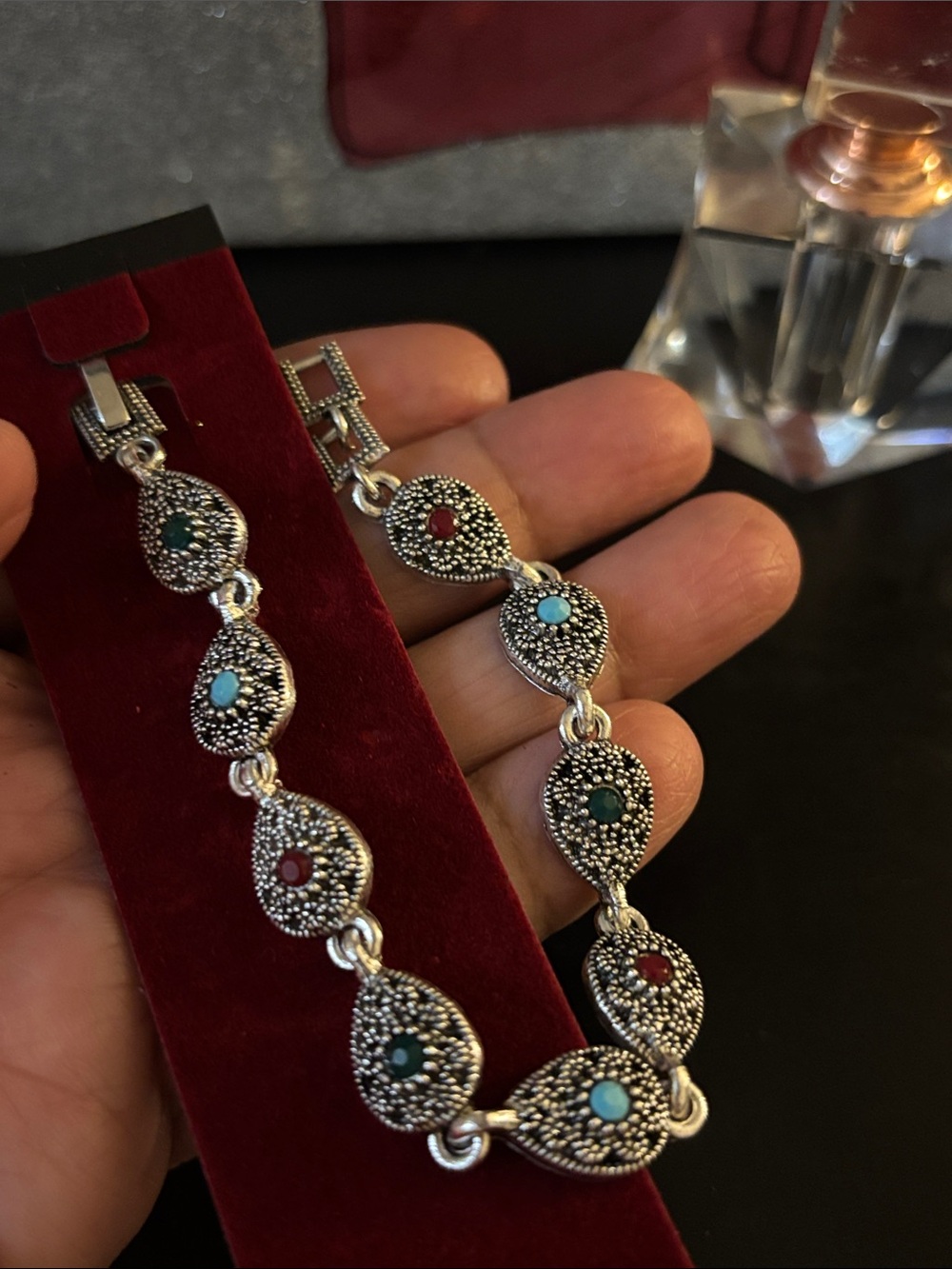 7”-Style Silver Gemstone Link Bracelet with Turquoise & Red Accents